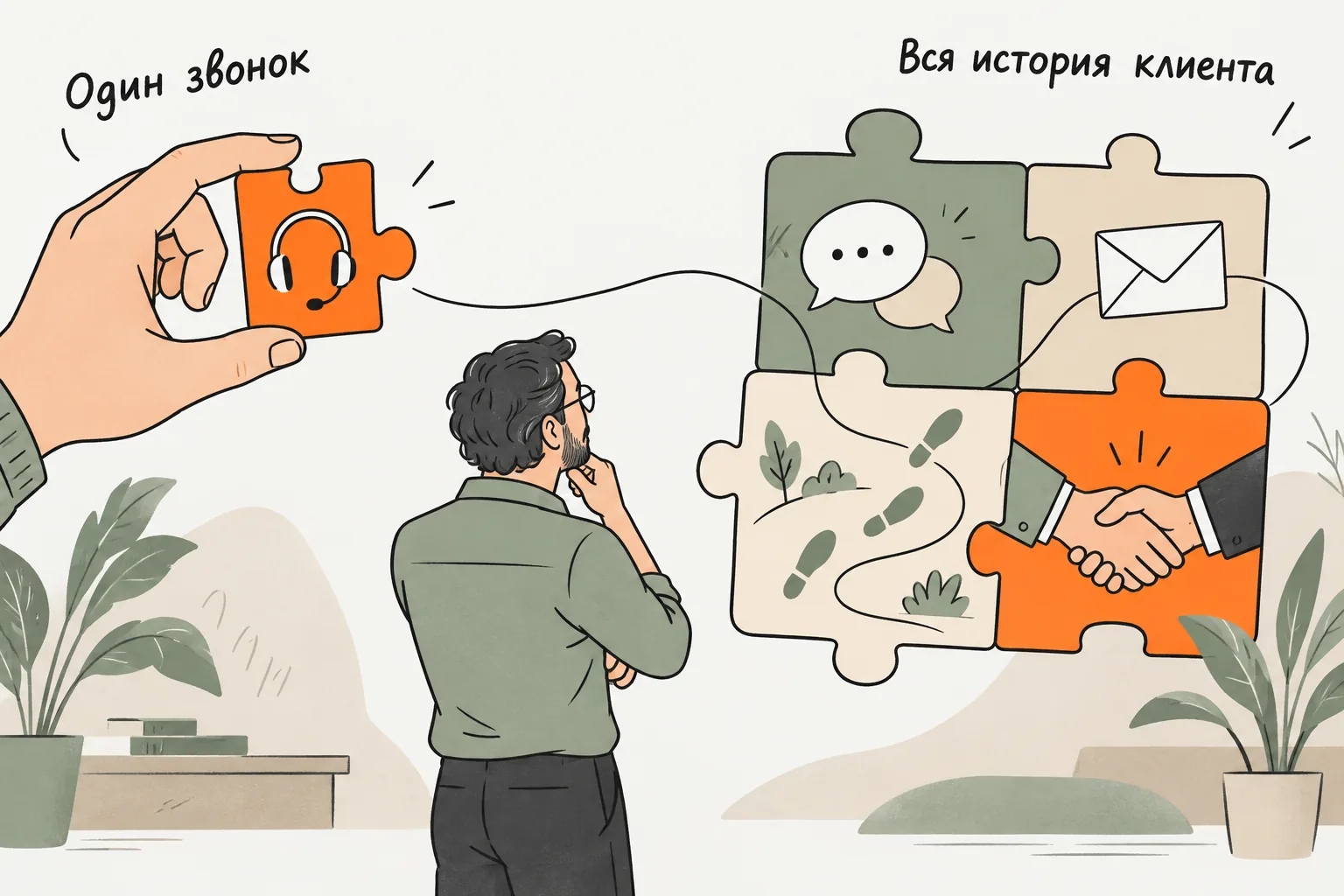 Один звонок показан как отдельная деталь пазла; полную историю составляют разговоры, переписка и результат сделки.