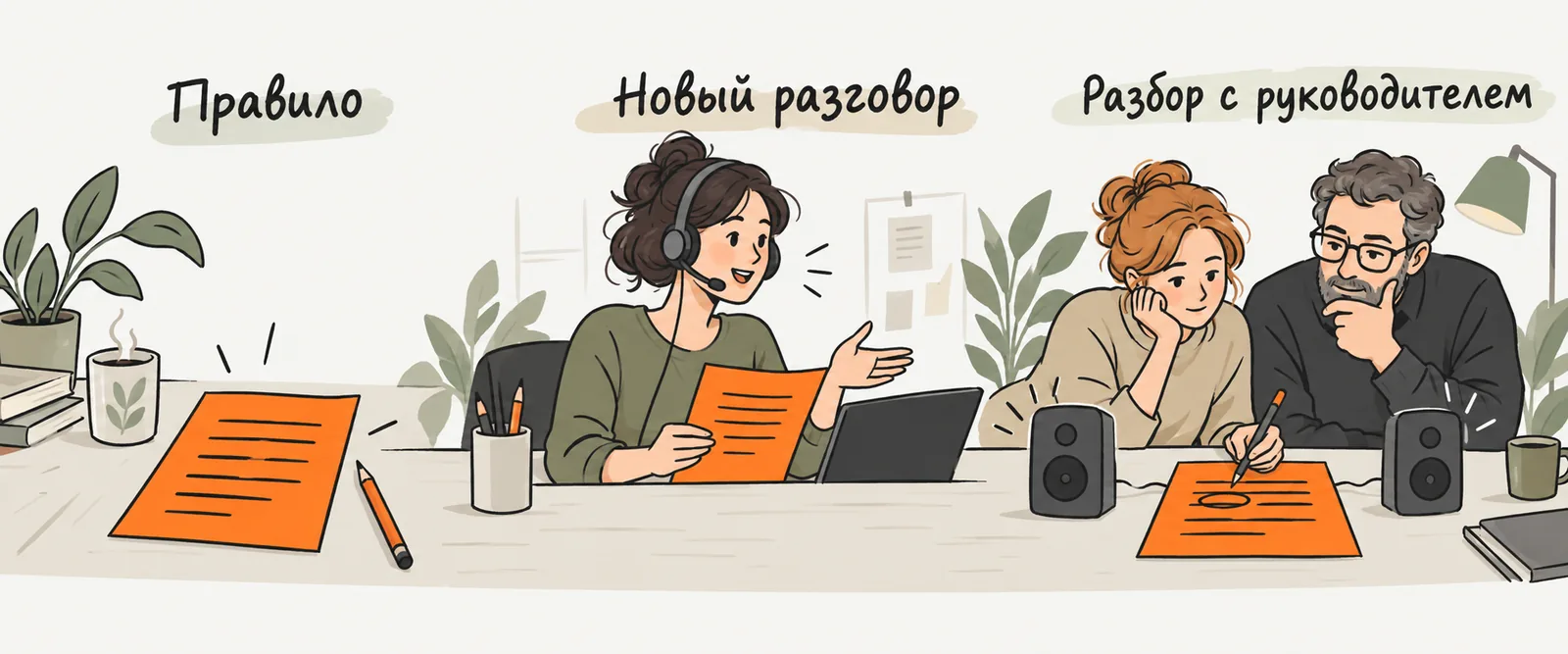 Правило на листе, применение в новом разговоре и совместный разбор записи с руководителем.