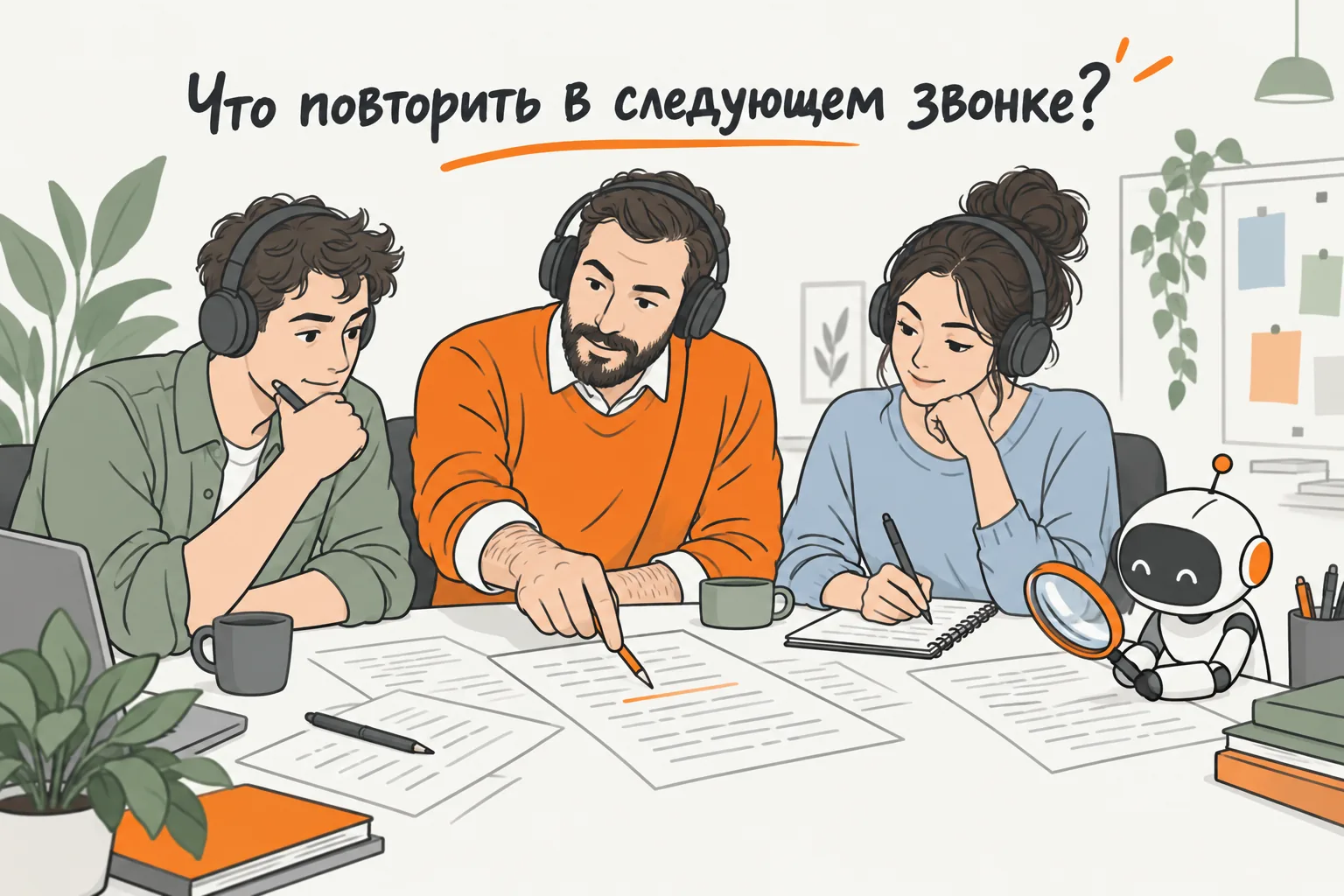 Руководитель и менеджеры вместе слушают разговор и разбирают расшифровки; условный ИИ-помощник ищет фрагмент текста.