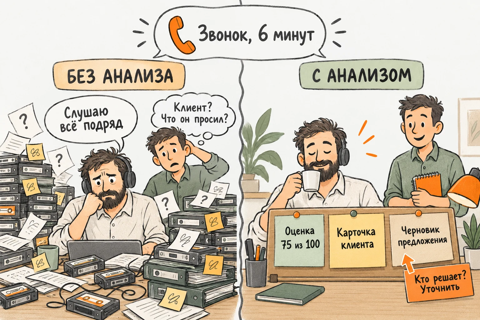 Один и тот же звонок: слева руководитель тонет в записях, справа получает оценку, карточку клиента и черновик предложения.